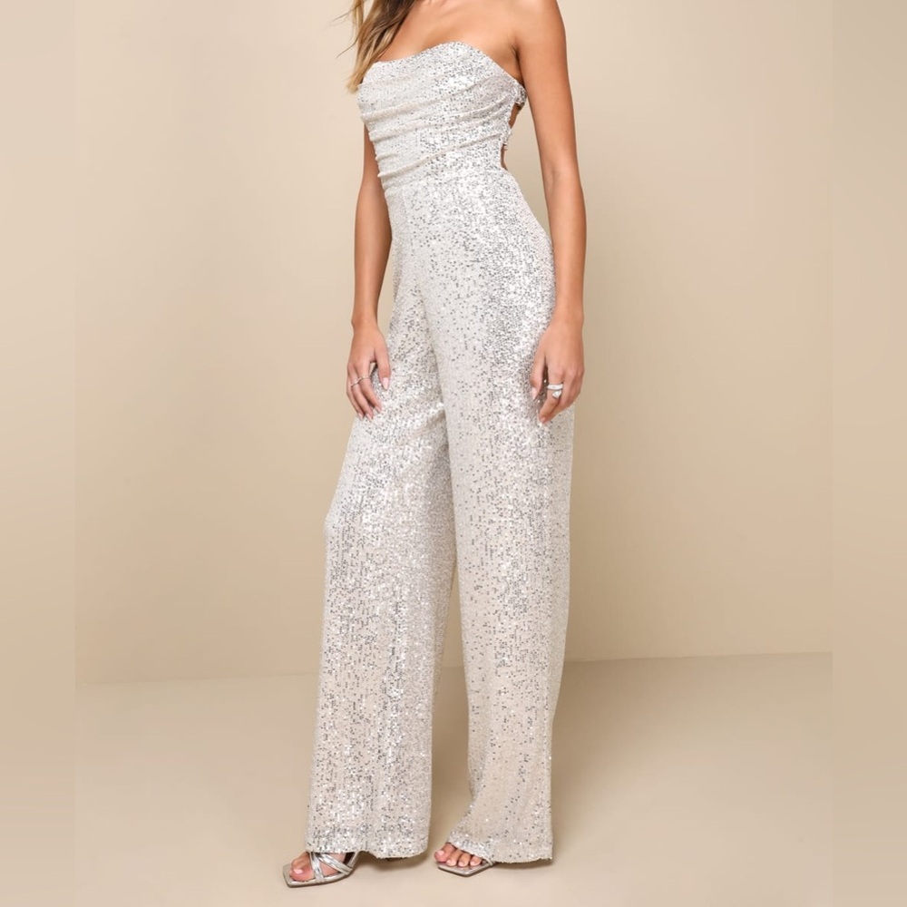 Lulu's Silver/Beige Sequin Strapless Wide-Leg Jumpsuit NWOT